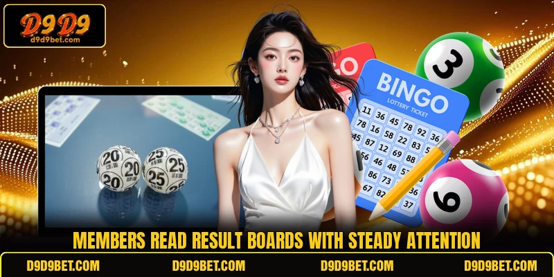 Members read result boards with steady attention